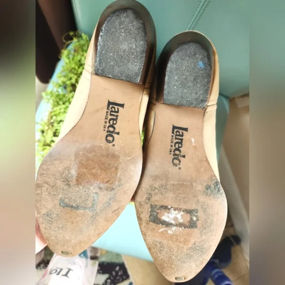 LAREDO 80's Vintage Tan Cream Retro Leather Western Fringe Cowboy Girl Boots 9M - Picture 15 of 16